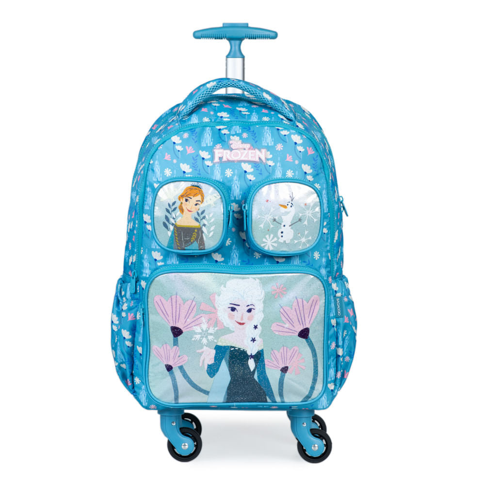 Mochila Feminina Escolar 4 Rodinhas Frozen Bloom Azul Claro
