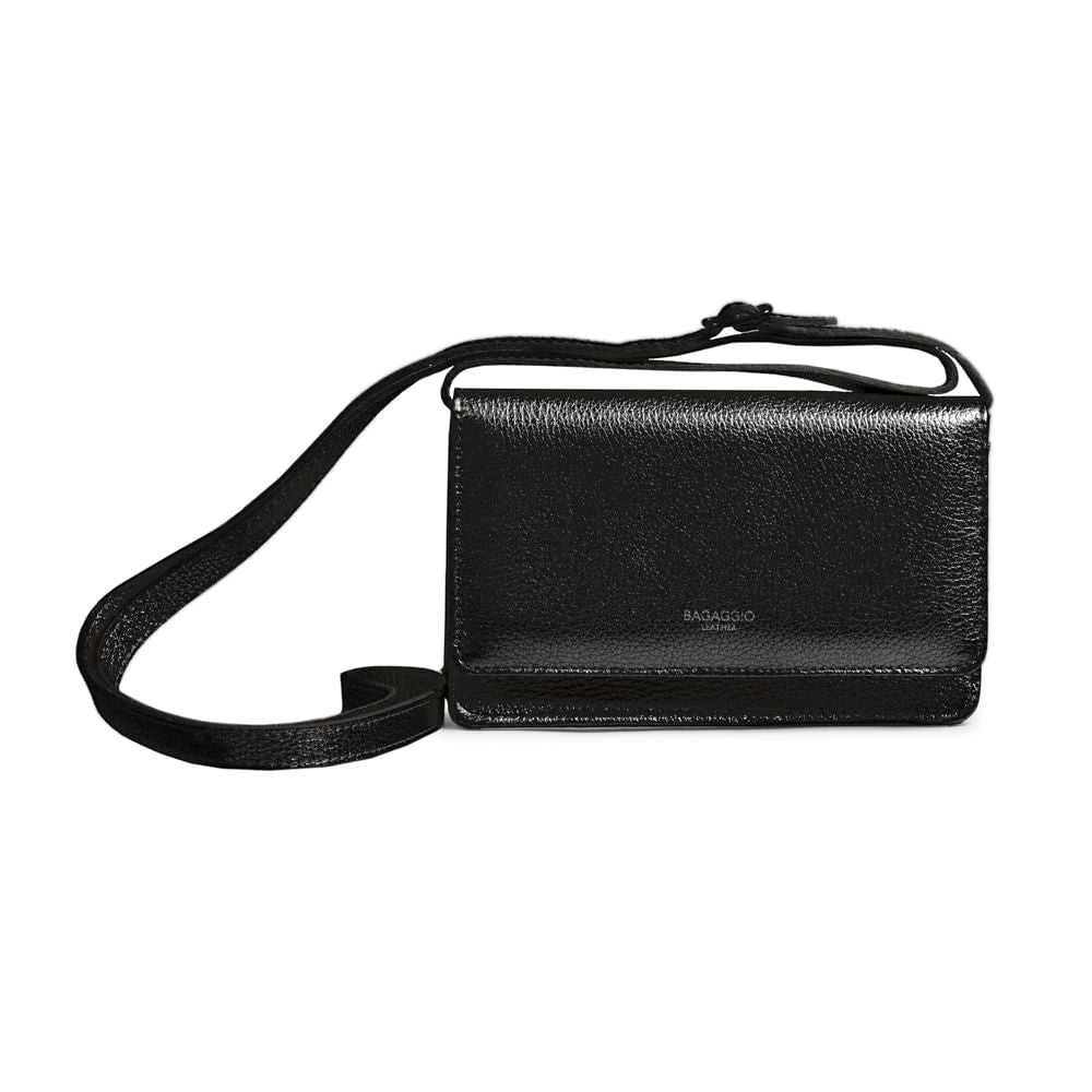 Bolsa Transversal Feminina Pequena de Couro Metalic Preta