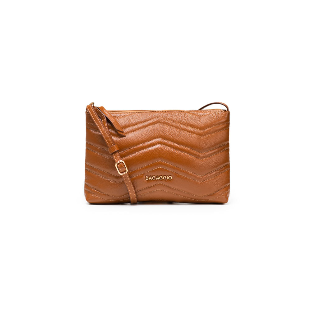 Bolsa Transversal Feminina de Couro Zig Zag Matelassê Pequena Caramelo