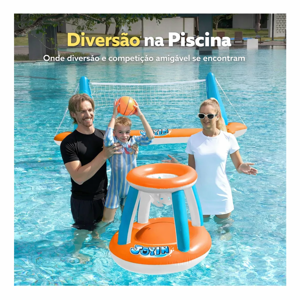 Arena Aquática PoolCandy - Conjunto Inflável de Basquete + Vôlei para Piscina