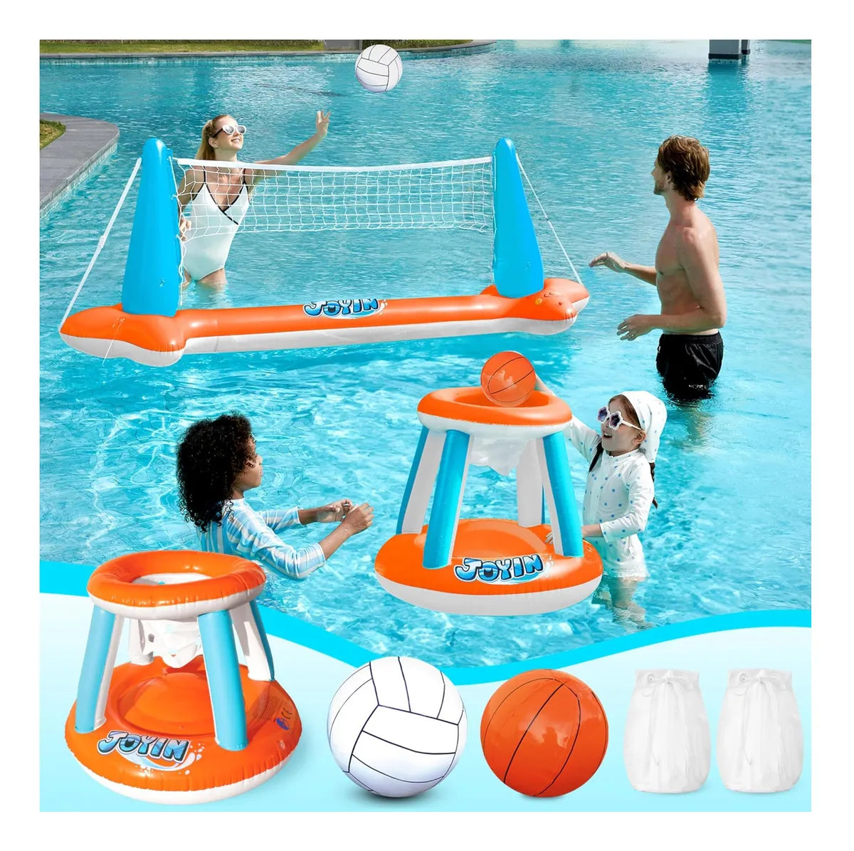 Arena Aquática PoolCandy - Conjunto Inflável de Basquete + Vôlei para Piscina