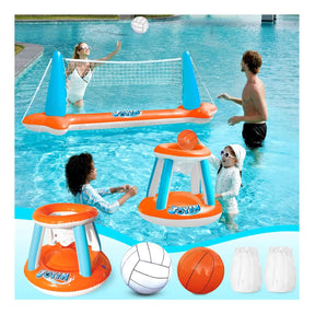 Arena Aquática PoolCandy - Conjunto Inflável de Basquete + Vôlei para Piscina