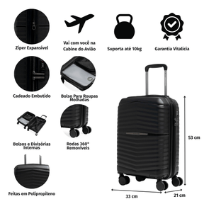 Mala de Bordo 10 Kg Polipropileno 4 Rodas Hong Kong Preta