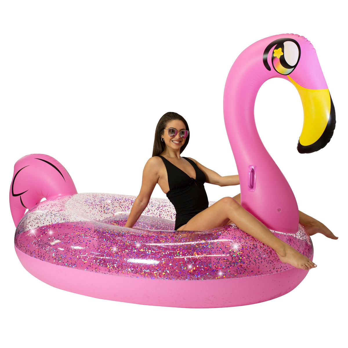 Boia Inflável Flamingo Gigante com Glitter Holográfico – PoolCandy