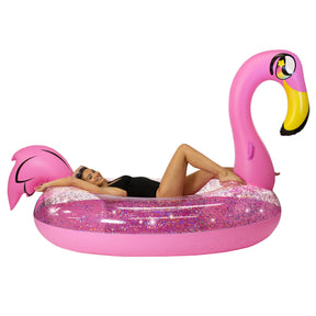 Boia Inflável Flamingo Gigante com Glitter Holográfico – PoolCandy