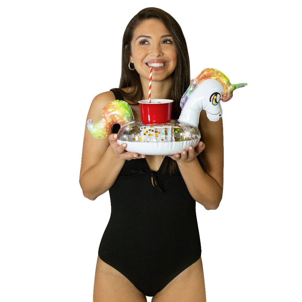 Boia Inflável Unicornio Gigante com Glitter + Porta-Copo Inflável – PoolCandy