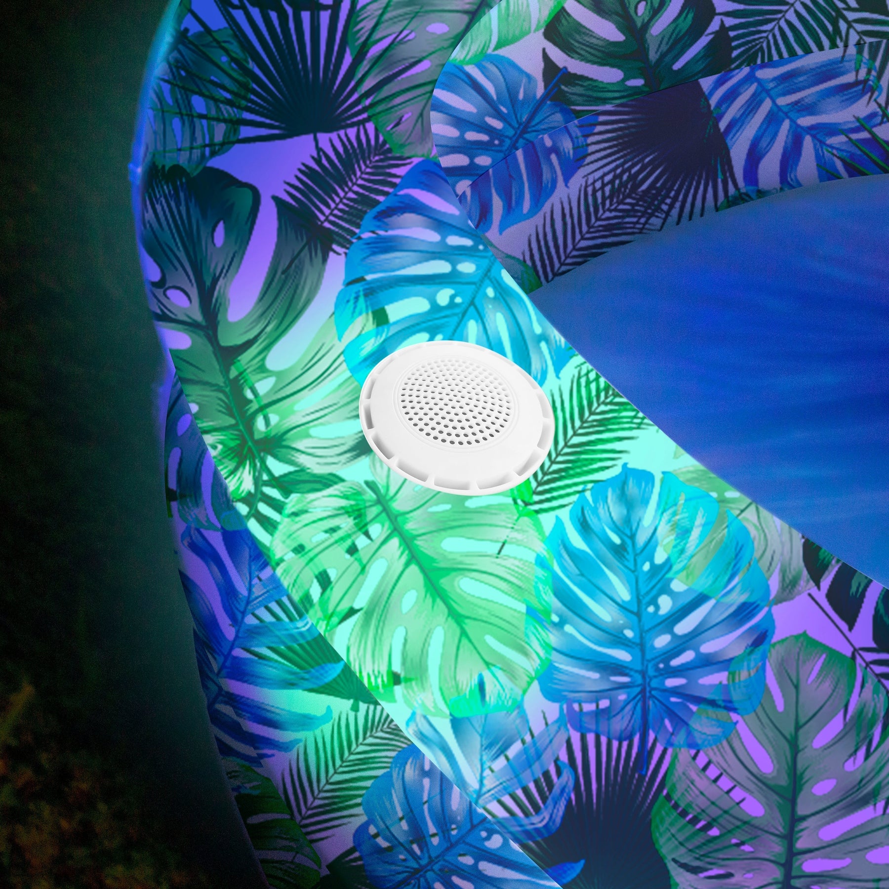 Piscina Inflável Iluminada PoolCandy Tropical Palms com Caixa de Som Bluetooth – Perfeita para o Dia ou a Noite
