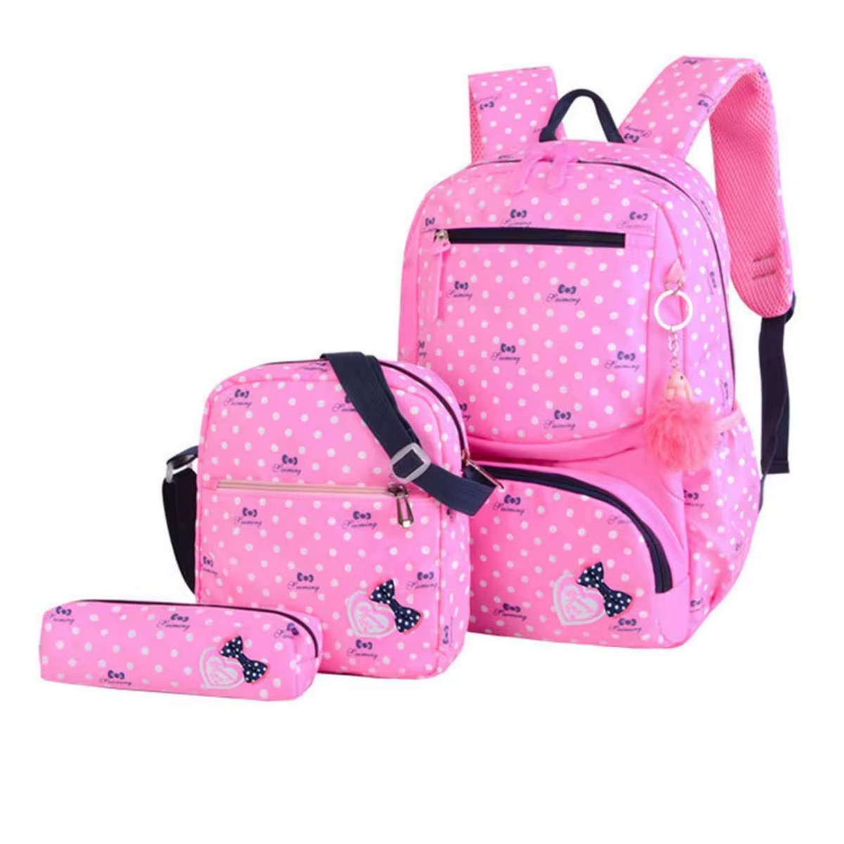 Mochila Escolar Feminina CharmingKid Rosa + 2 Bolsas Inclusas – Kit Completo para Estudantes